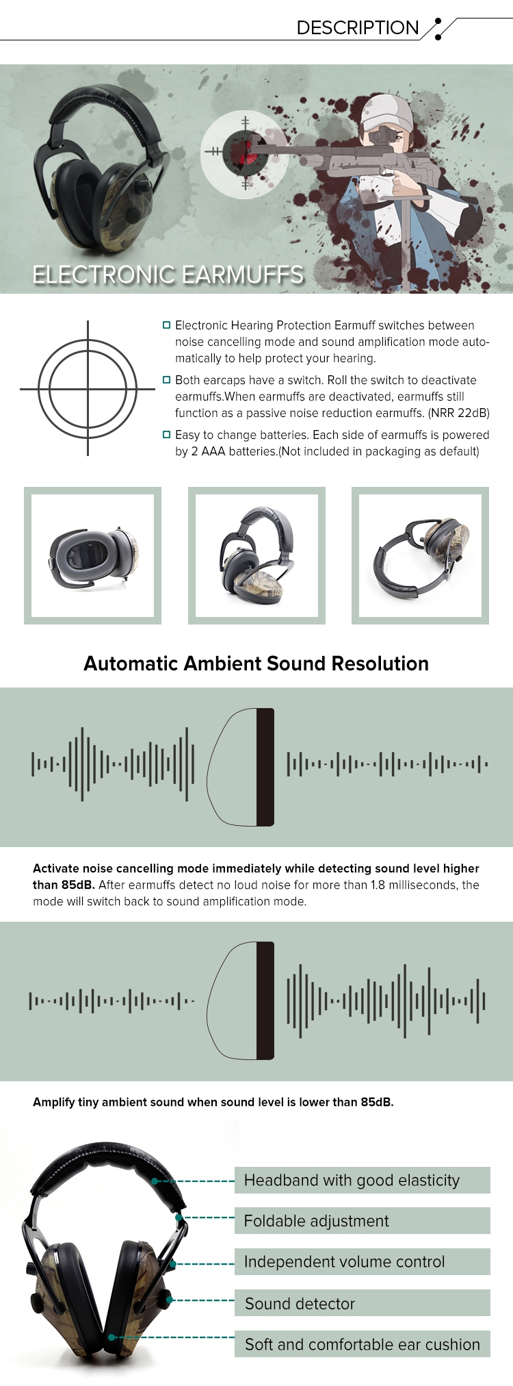 SA-9-2 Electronic Active Noise Isolation Ear Muffs for Shooting description